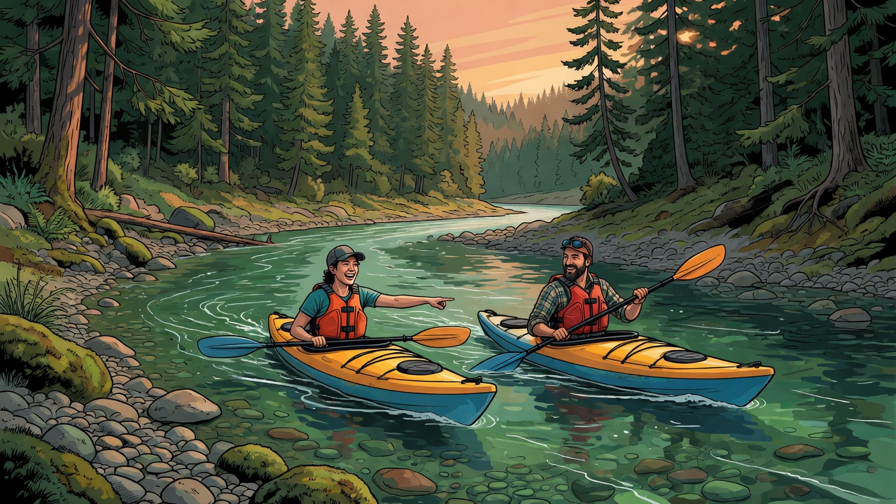 Illustration of two kayakers on an Oregon river looking downriver. Not a photograph of a named ramp.